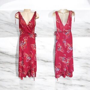 Lulus Amal Floral Wrap Maxi Dress M Burgundy V-Neck Hi-Low Summer Party Wedding